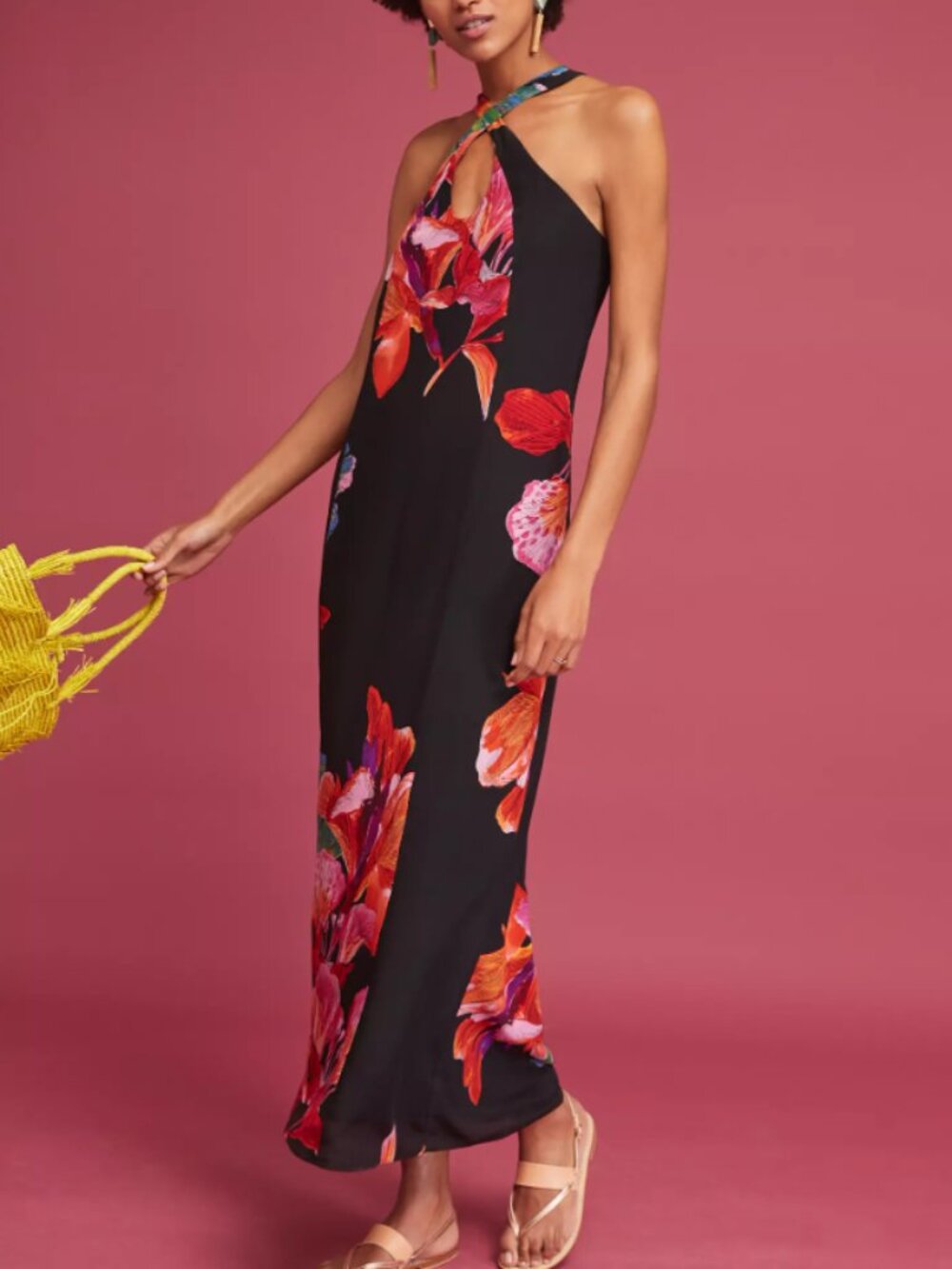 Maeve Cayman Silk Maxi Dress Halter Keyhole Tie Botanical Island Beach